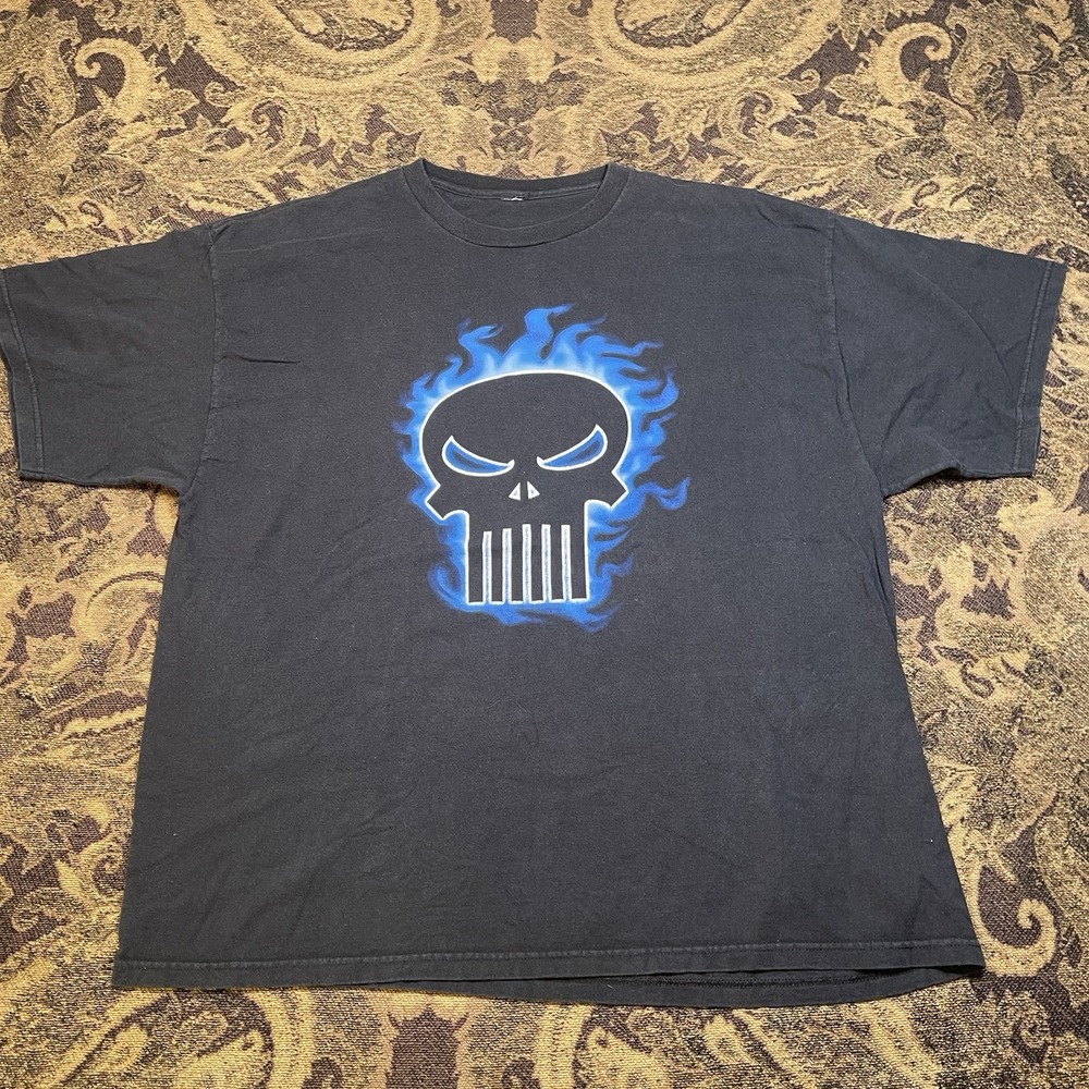 Vtg Y2K Marvel Comics The Punisher Flames Logo Skull Shirt Mens Size 2XL